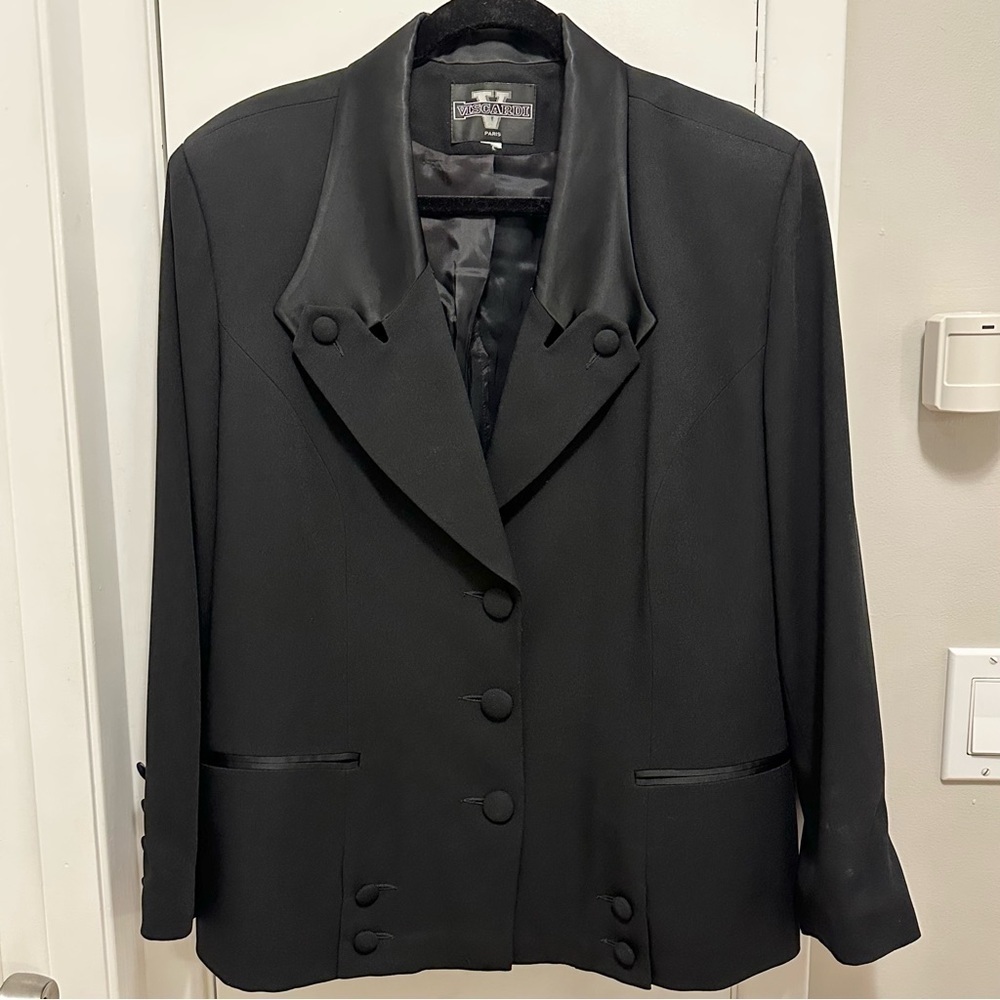 SOLD.   90s Viscardi Paris Mixed Material Blazer Jacket MossCrepe Satin Black XL
